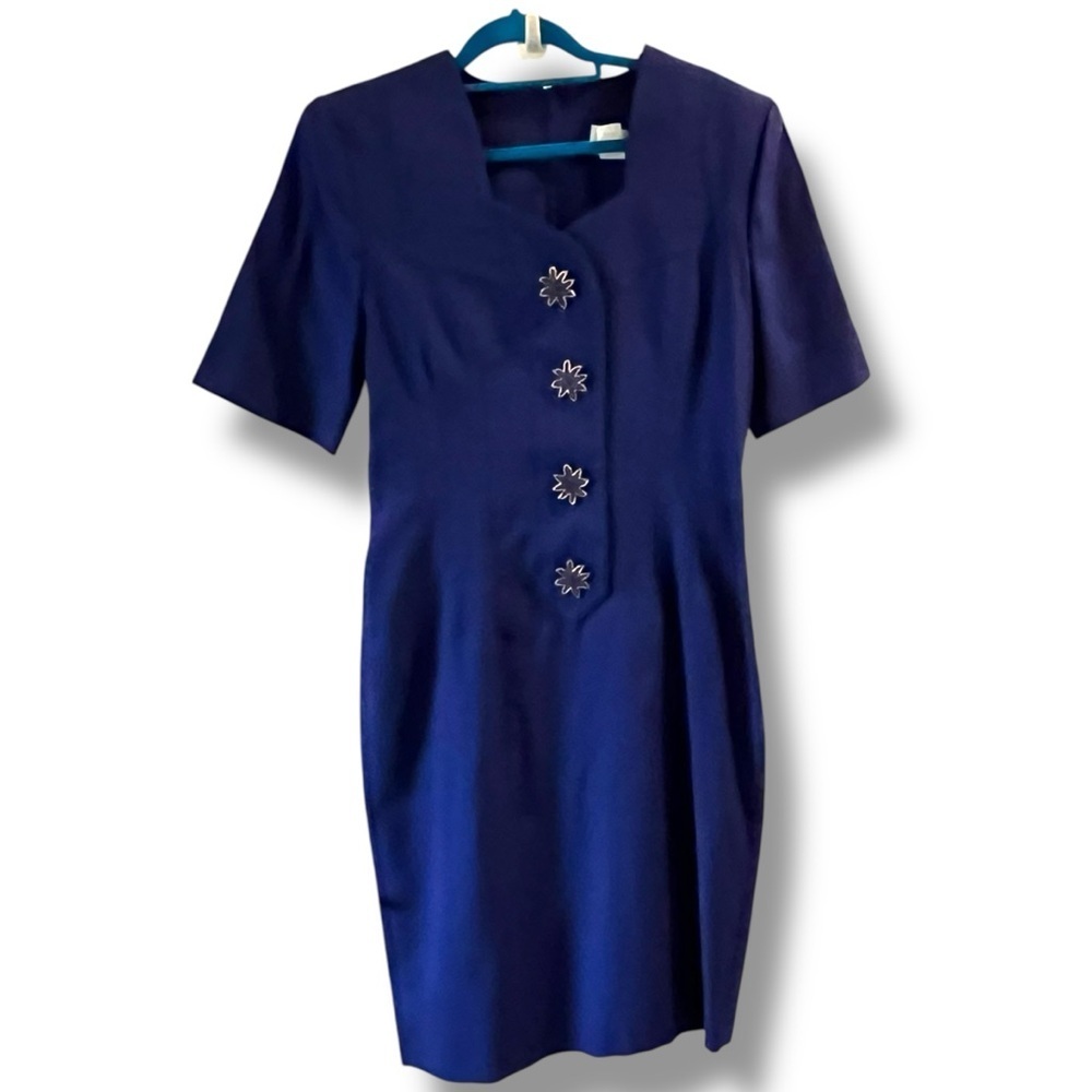 NEW Vintage 80s Robert Daniel Midi Dress Sheath Short Sleeve Big Buttons Medium